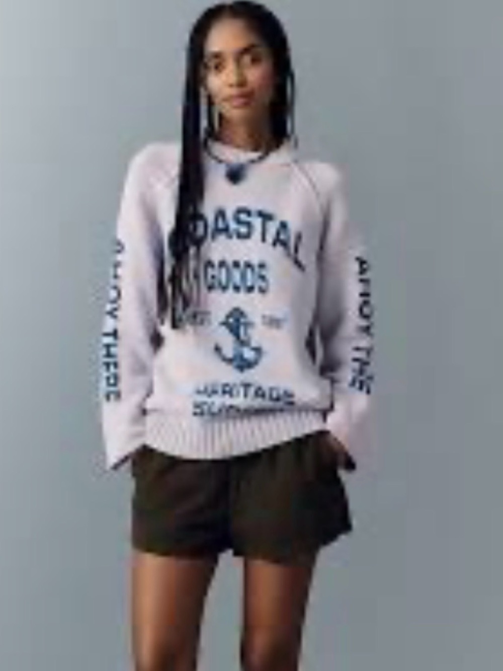 Anthropologie Light Pink Crewneck Sweater with Navy Anchor Graphic